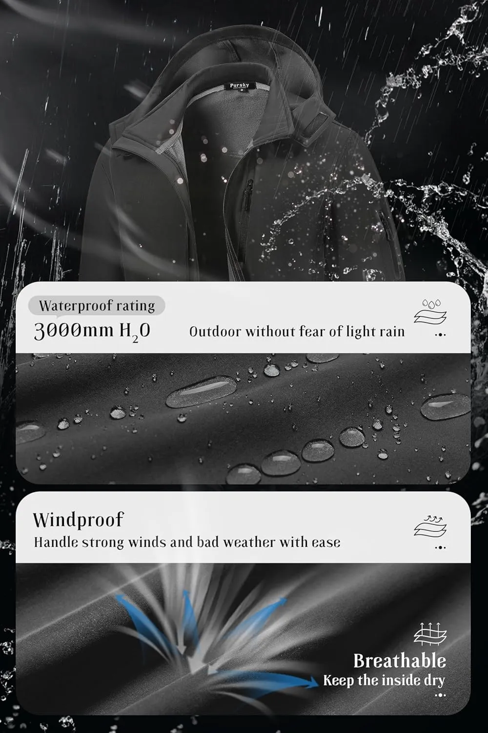 Pursky Men's Softshell Jacket Waterproof Fleece Lined Windbreaker With Removable Hood Lightweight Tactical Jacket