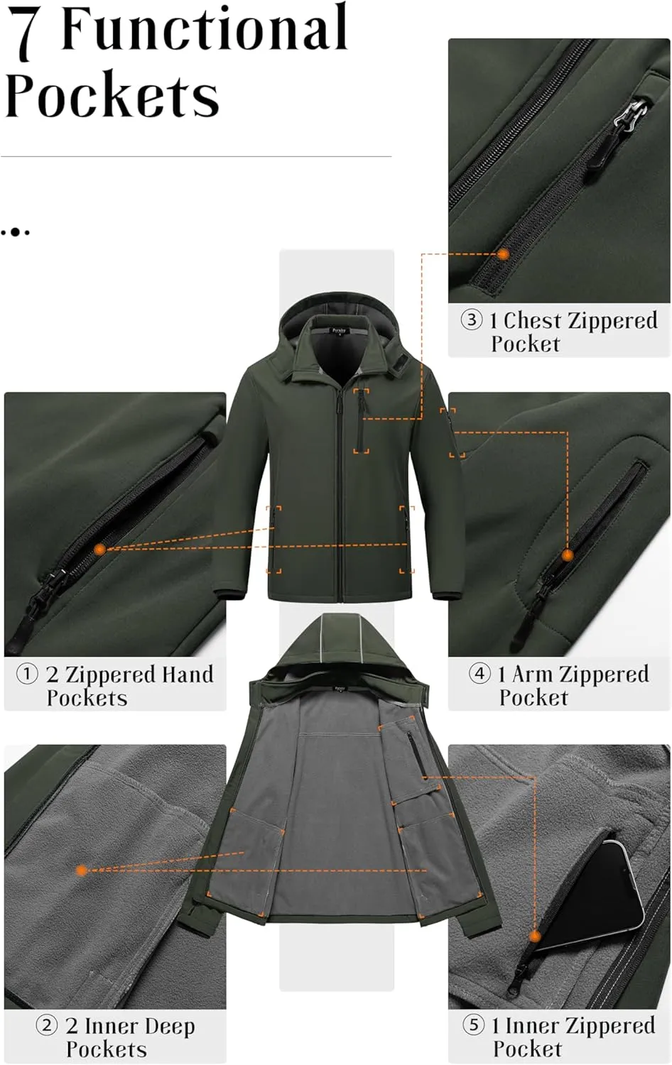 Pursky Men's Softshell Jacket Waterproof Fleece Lined Windbreaker With Removable Hood Lightweight Tactical Jacket