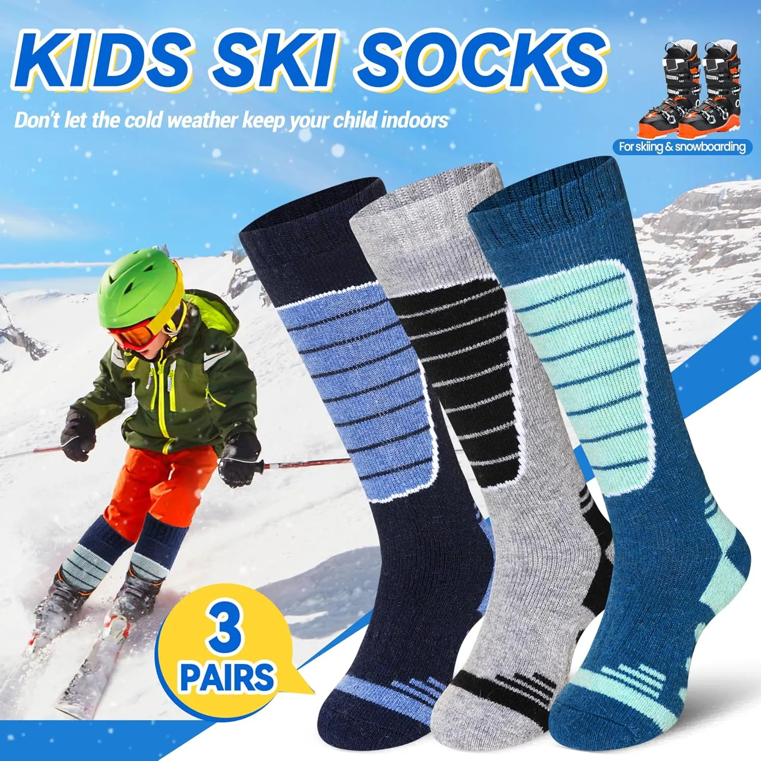 SeeyAN Kids Ski Socks Merino Wool Thermal Winter Socks Boys Girls Warm SnowBoarding Thick Skiing Socks 3 Pairs