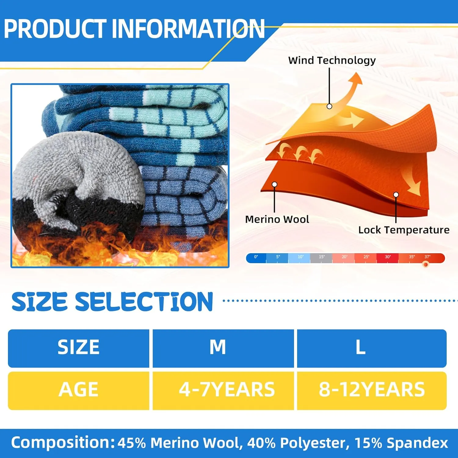SeeyAN Kids Ski Socks Merino Wool Thermal Winter Socks Boys Girls Warm SnowBoarding Thick Skiing Socks 3 Pairs