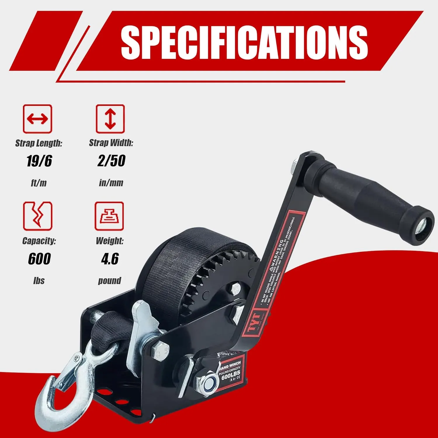 TYT 600LB Boat Trailer Winch with Black Polyester Strap, Anti-Slip Handle Crank Gear Hand Winch, Portable Two-Way Ratchet Forward & Backward Manual Rope Winch for ATV UTV Jet Ski Trailer Small Winch