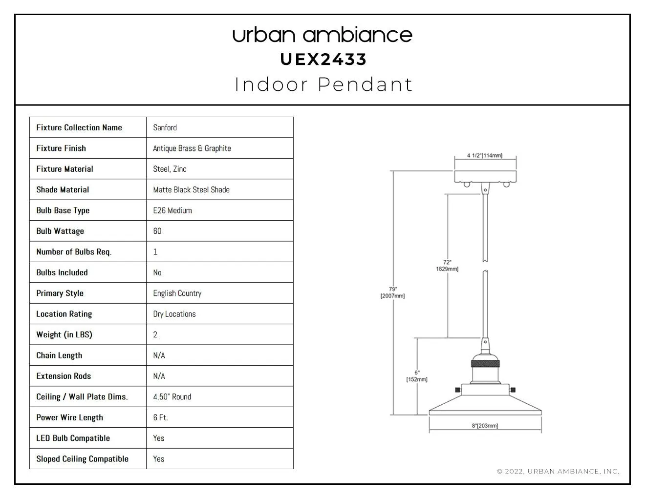 UEX2433 New Traditional Pendant 6''H x 8''W, Antique Brass & Graphite Finish, Sanford Collection
