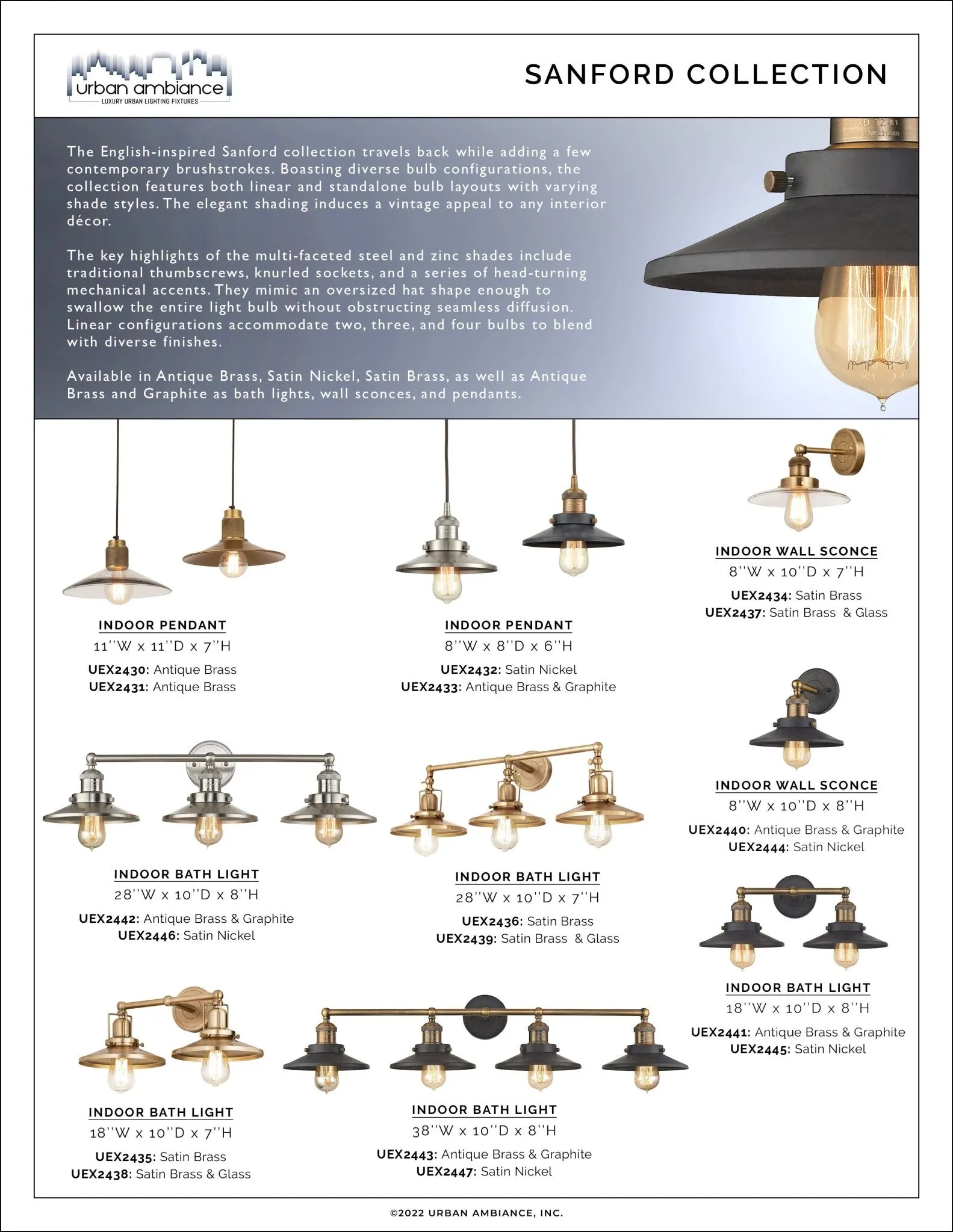 UEX2433 New Traditional Pendant 6''H x 8''W, Antique Brass & Graphite Finish, Sanford Collection