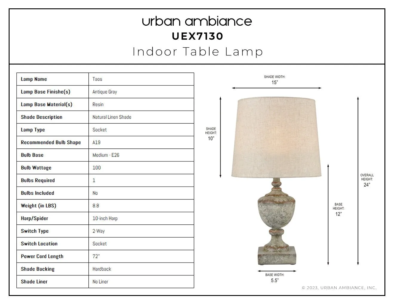 UEX7130 Traditional Table Lamp 13''W x 13''D x 24''H, Antique Gray Finish, Taos Collection