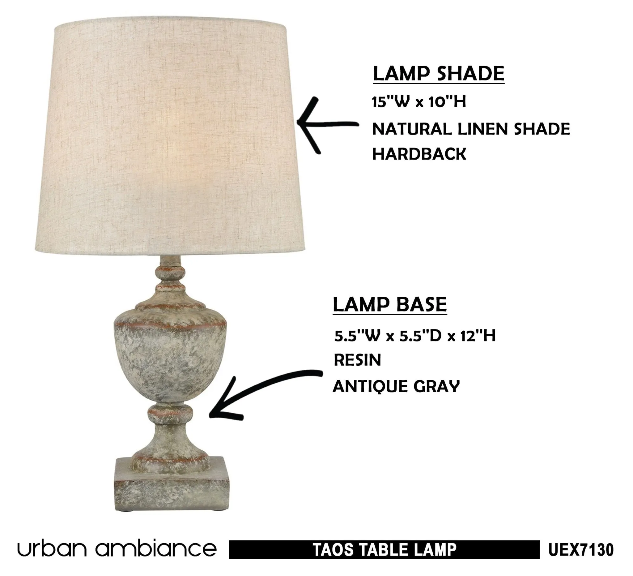 UEX7130 Traditional Table Lamp 13''W x 13''D x 24''H, Antique Gray Finish, Taos Collection