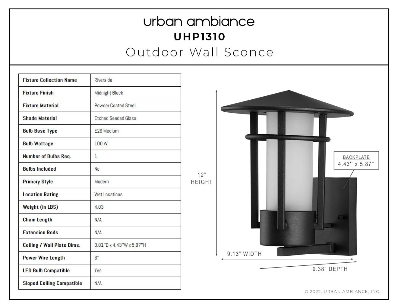 UHP1310 Mid-Century Modern Outdoor Wall Sconce 12''H x 9.125''W, Midnight Black Finish, Riverside Collection