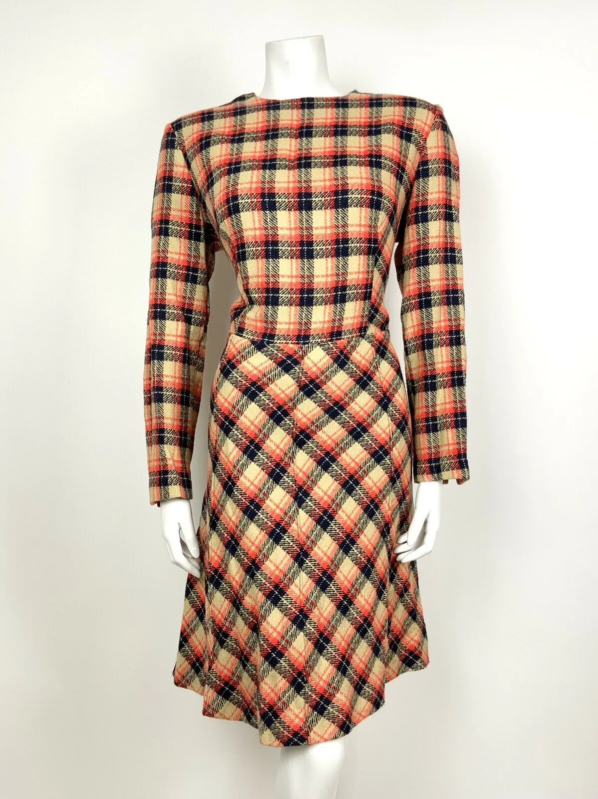 VINTAGE 60s 70s BEIGE BLUE RED PLAID TARTAN SWING FLARED MOD DRESS 14 16