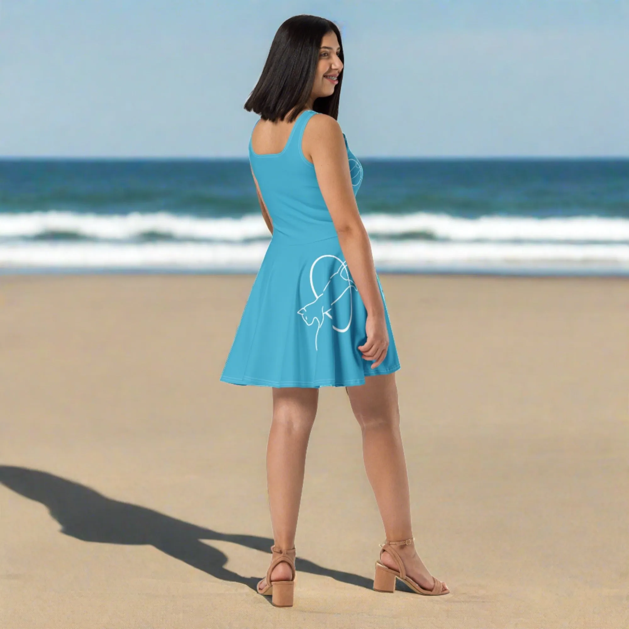 Whimsical Cat Print Dress | Sleeveless Fit & Flare | Blue Dress for Cat Lovers