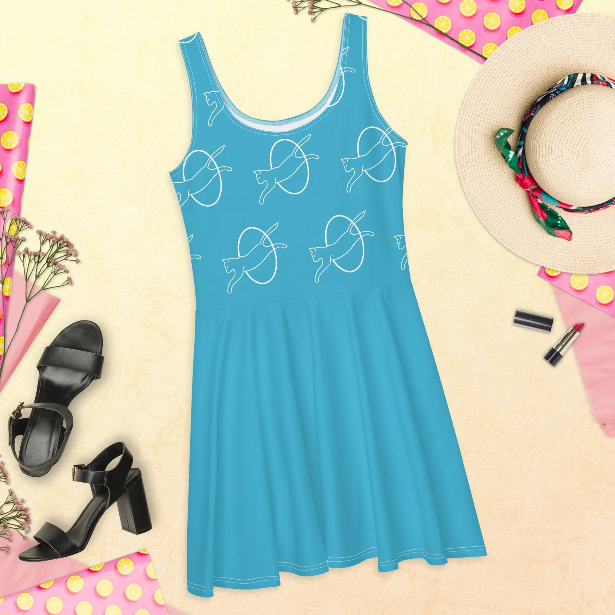 Whimsical Cat Print Dress | Sleeveless Fit & Flare | Blue Dress for Cat Lovers