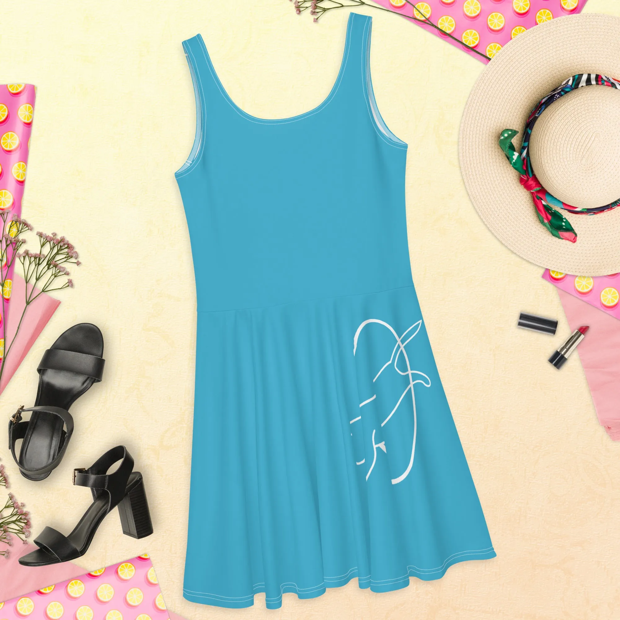Whimsical Cat Print Dress | Sleeveless Fit & Flare | Blue Dress for Cat Lovers