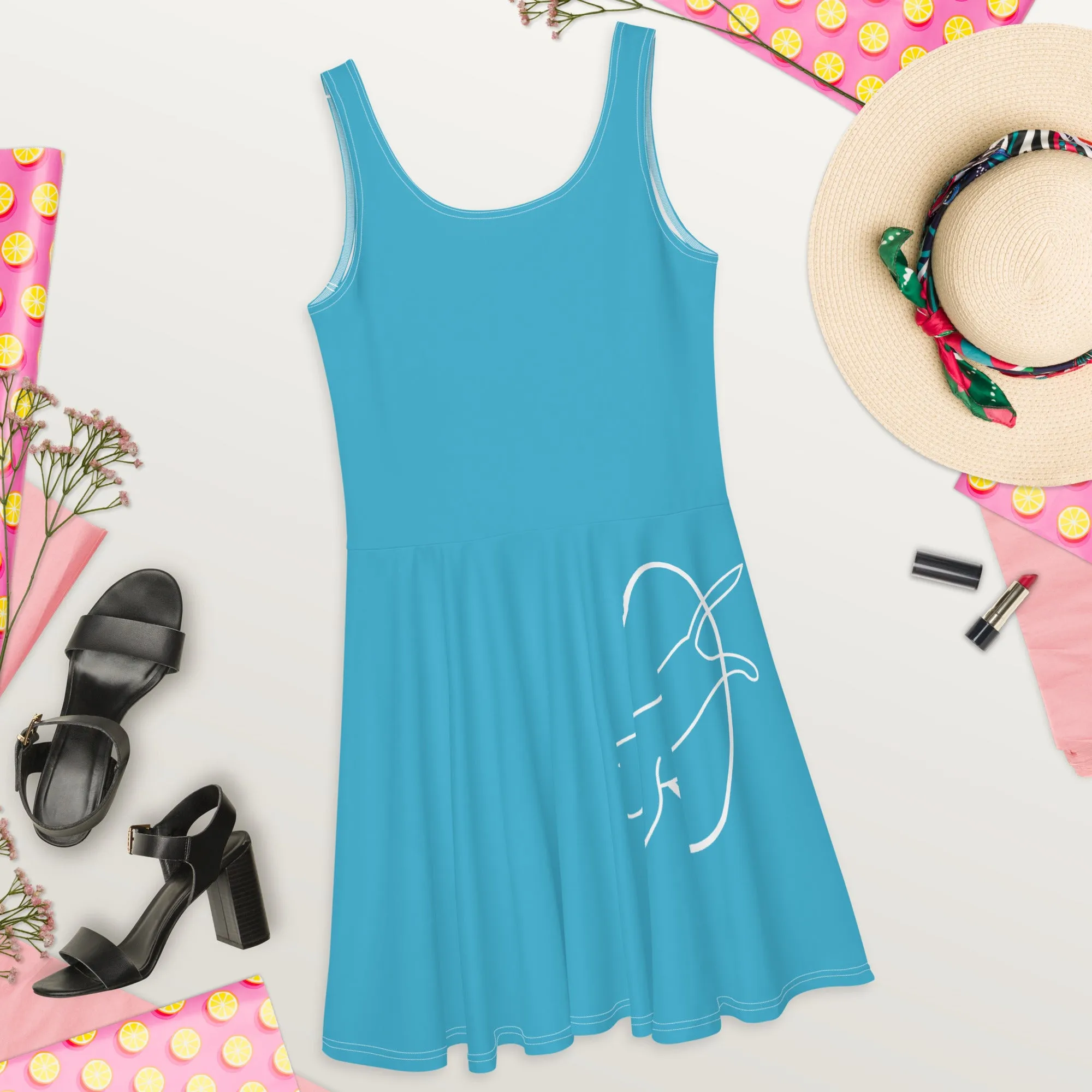 Whimsical Cat Print Dress | Sleeveless Fit & Flare | Blue Dress for Cat Lovers