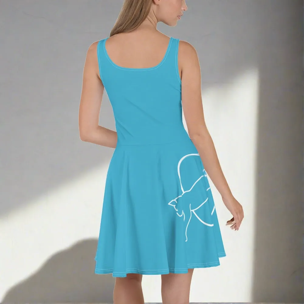 Whimsical Cat Print Dress | Sleeveless Fit & Flare | Blue Dress for Cat Lovers