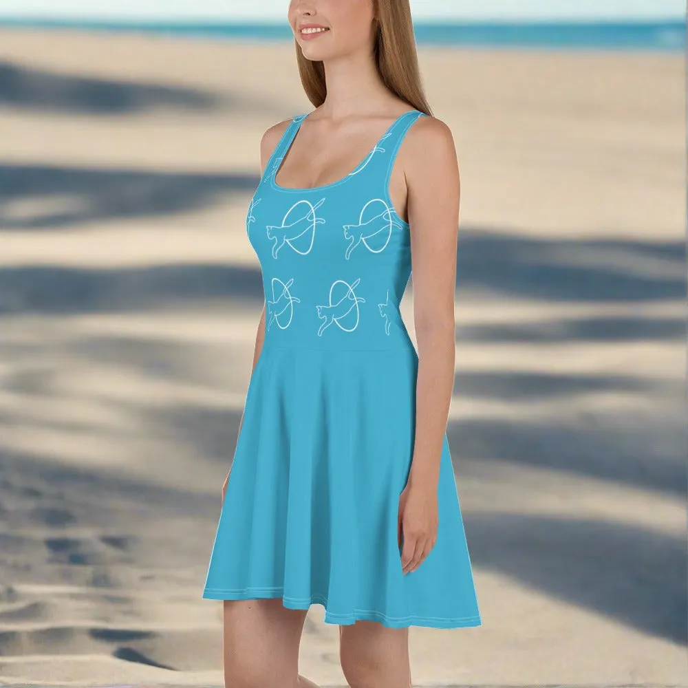 Whimsical Cat Print Dress | Sleeveless Fit & Flare | Blue Dress for Cat Lovers