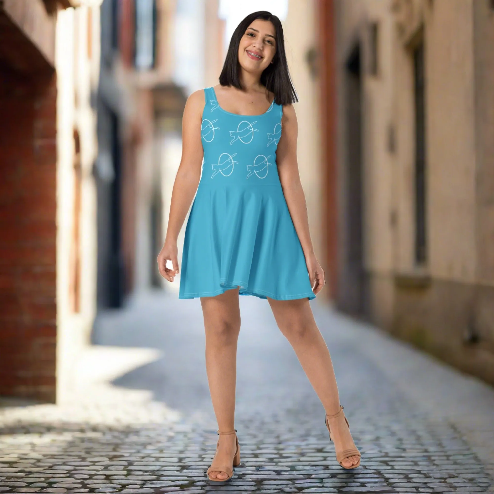Whimsical Cat Print Dress | Sleeveless Fit & Flare | Blue Dress for Cat Lovers