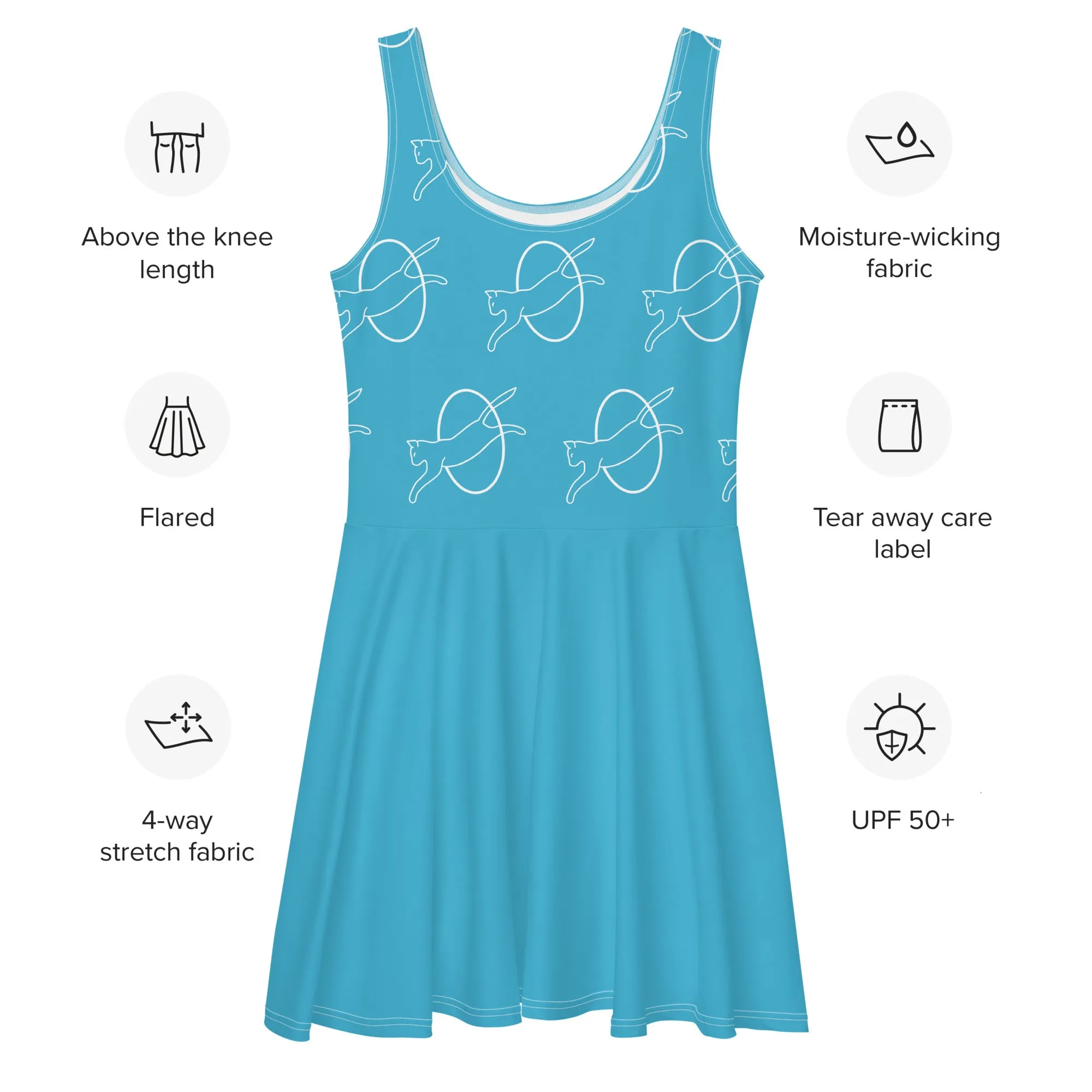 Whimsical Cat Print Dress | Sleeveless Fit & Flare | Blue Dress for Cat Lovers