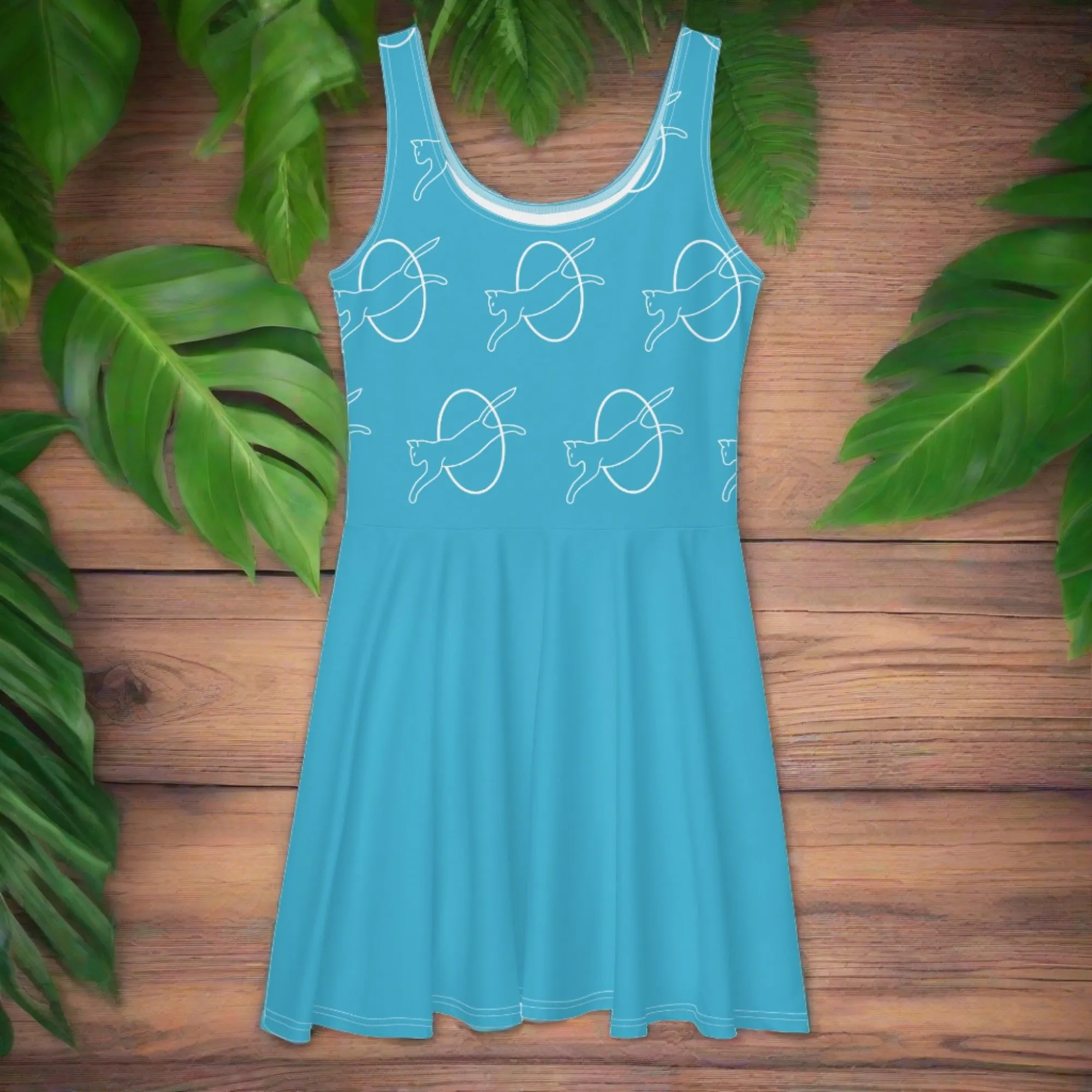 Whimsical Cat Print Dress | Sleeveless Fit & Flare | Blue Dress for Cat Lovers