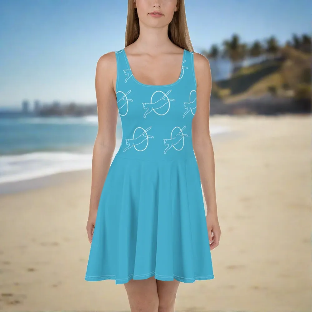 Whimsical Cat Print Dress | Sleeveless Fit & Flare | Blue Dress for Cat Lovers