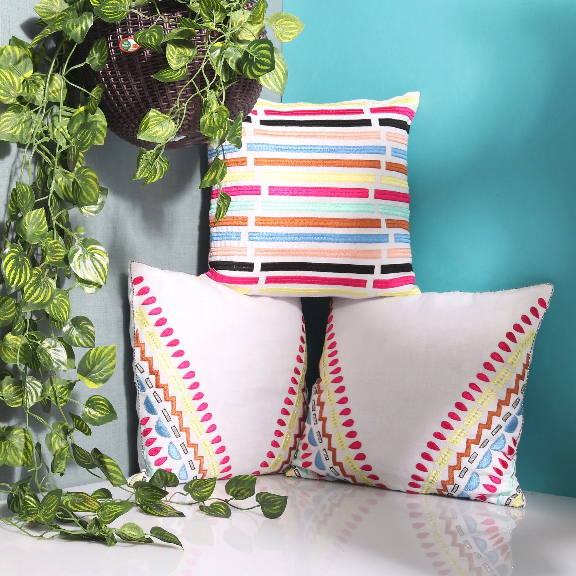 White Cushion Cover, three cushion cover set, hand embroidered