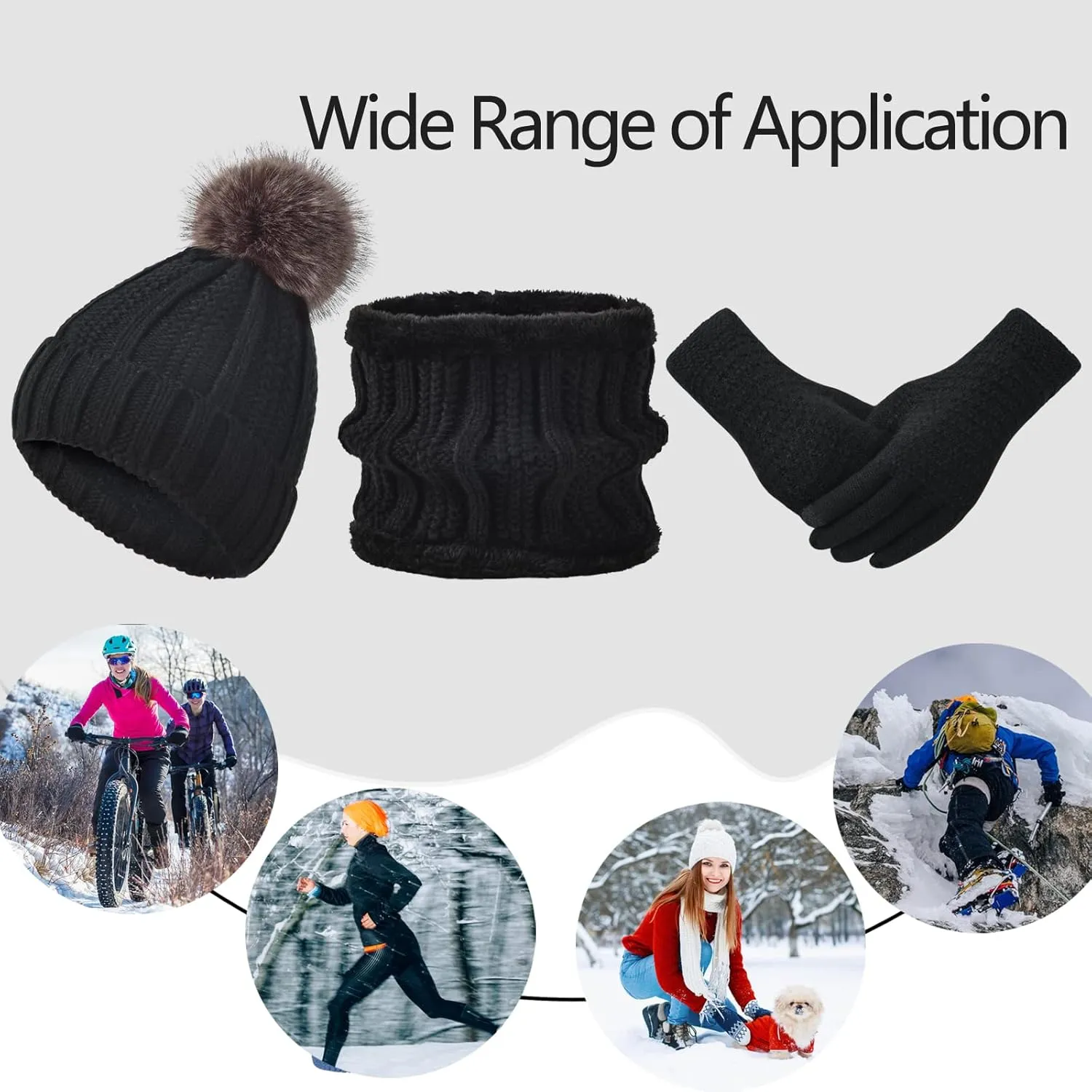 Women Winter Hat Gloves Scarf Set Beanie Warm Fleece Scarves Touchscreen Glove 3 in 1