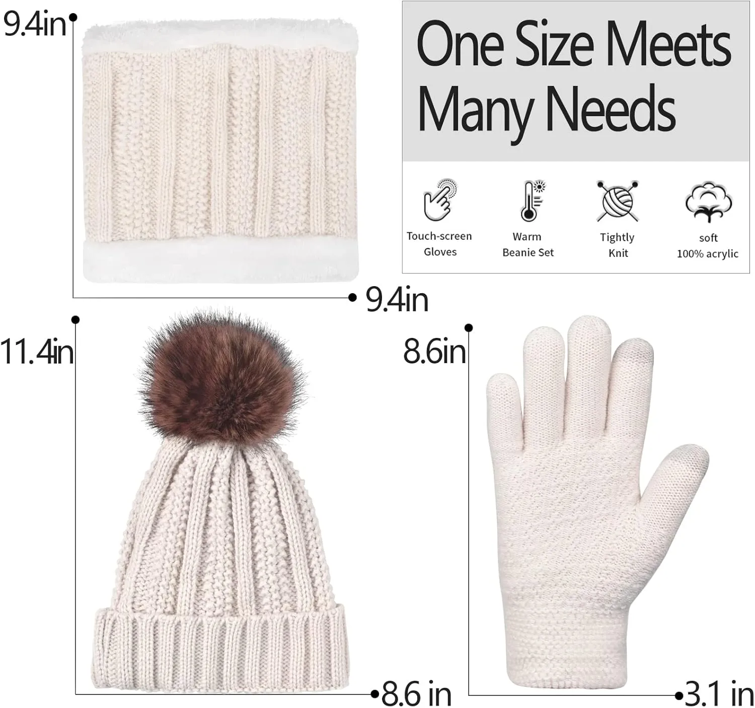 Women Winter Hat Gloves Scarf Set Beanie Warm Fleece Scarves Touchscreen Glove 3 in 1