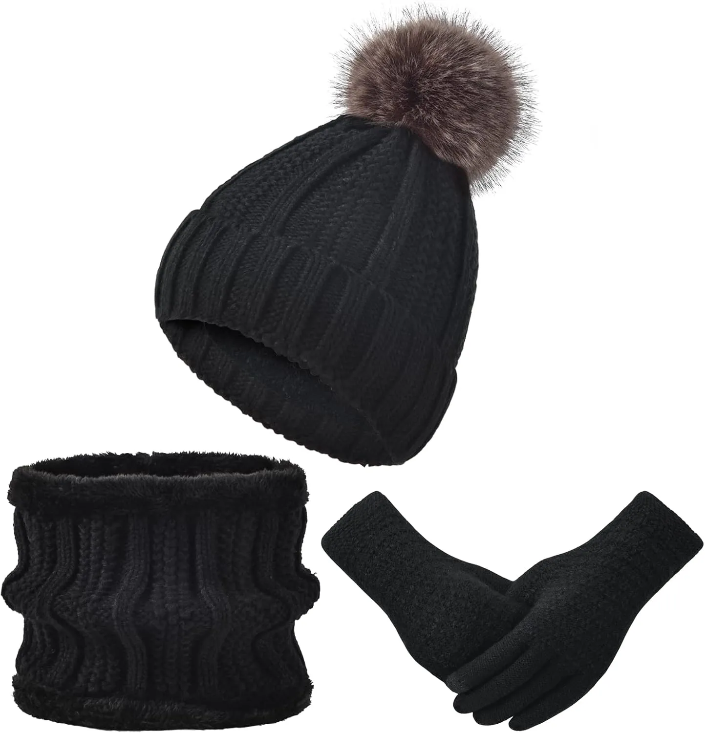 Women Winter Hat Gloves Scarf Set Beanie Warm Fleece Scarves Touchscreen Glove 3 in 1
