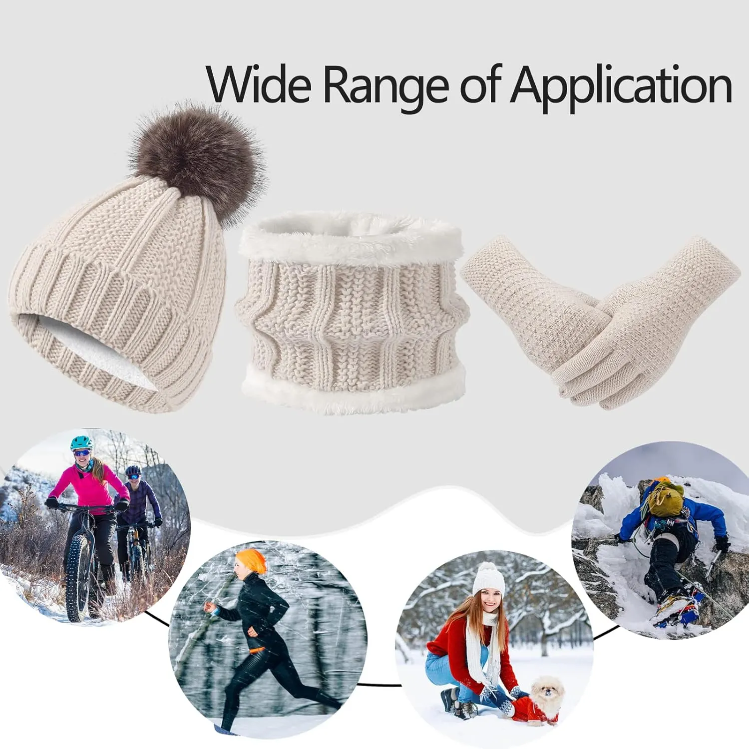 Women Winter Hat Gloves Scarf Set Beanie Warm Fleece Scarves Touchscreen Glove 3 in 1