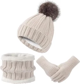 Women Winter Hat Gloves Scarf Set Beanie Warm Fleece Scarves Touchscreen Glove 3 in 1