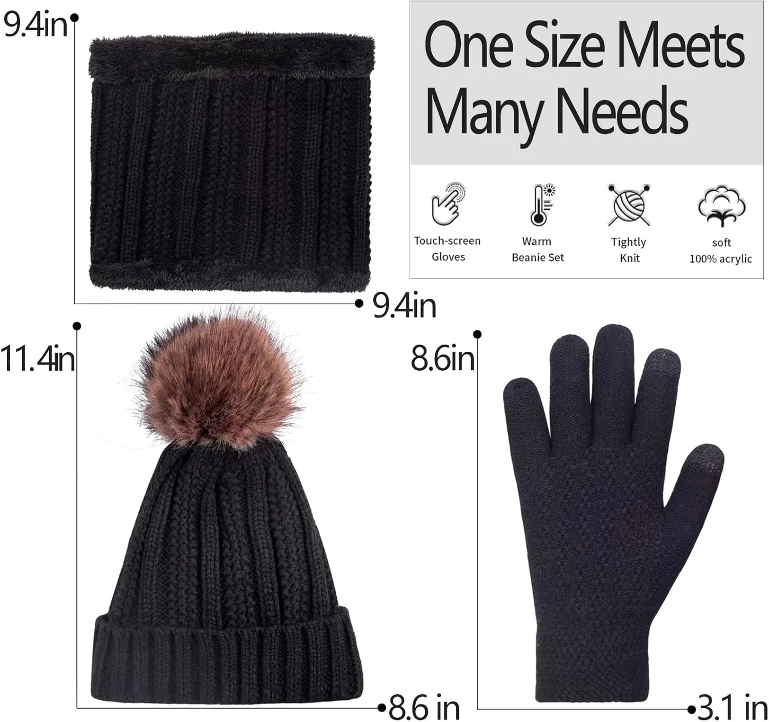Women Winter Hat Gloves Scarf Set Beanie Warm Fleece Scarves Touchscreen Glove 3 in 1