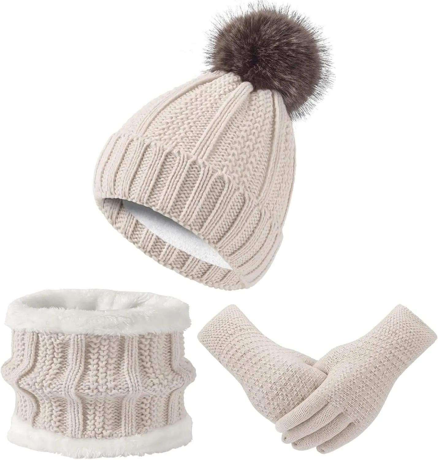 Women Winter Hat Gloves Scarf Set Beanie Warm Fleece Scarves Touchscreen Glove 3 in 1