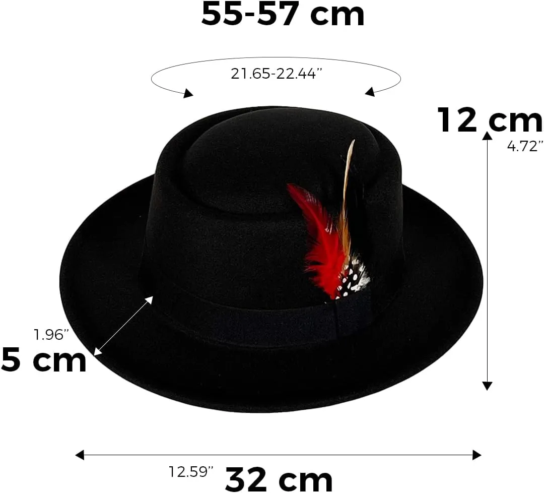 Wool Felt Fedora Hats for Women Men, Wide Brim Flat Top Hat Porkpie Hat, Jazz Hat with Feather Unisex