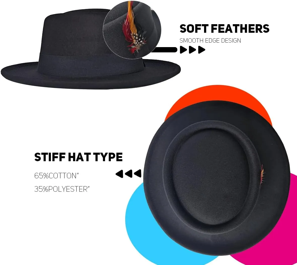 Wool Felt Fedora Hats for Women Men, Wide Brim Flat Top Hat Porkpie Hat, Jazz Hat with Feather Unisex