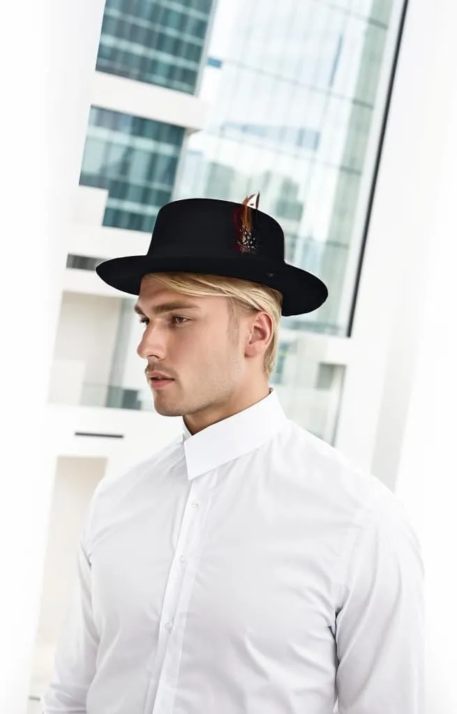 Wool Felt Fedora Hats for Women Men, Wide Brim Flat Top Hat Porkpie Hat, Jazz Hat with Feather Unisex