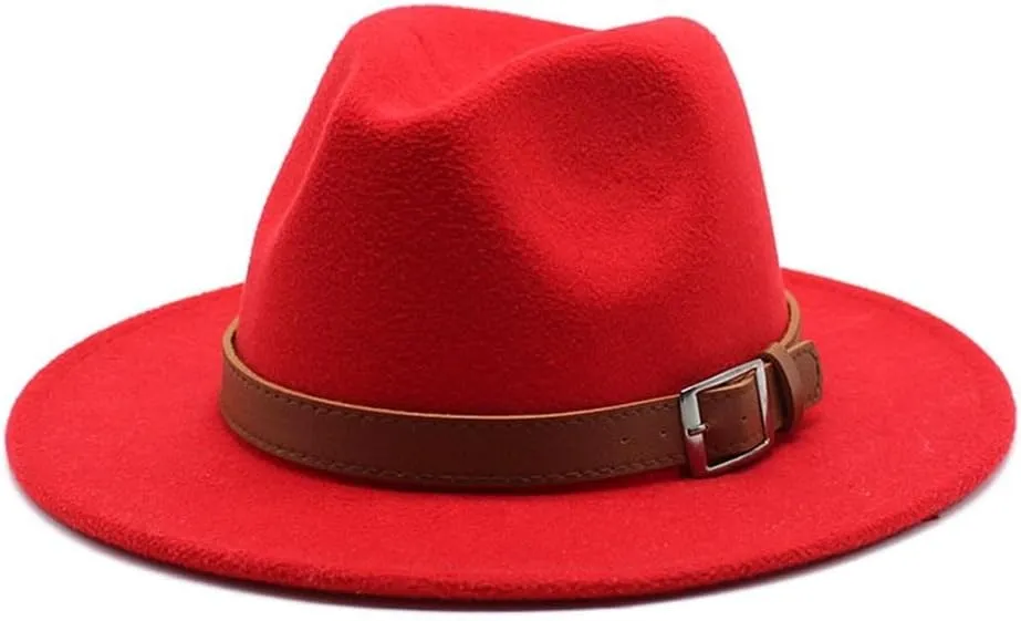 Woolen Jazz Hat, British Style Hat, Big Brimmed Hat, Men's and Women's Fashion Flat Brimmed Hat Felt Hat Fengyan Cowboy Hats (Color : Rose Red, Size : 56-58cm)